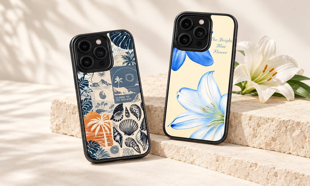 Blue Lily and Coastal Shell Collage glass case lifestyle mockup
