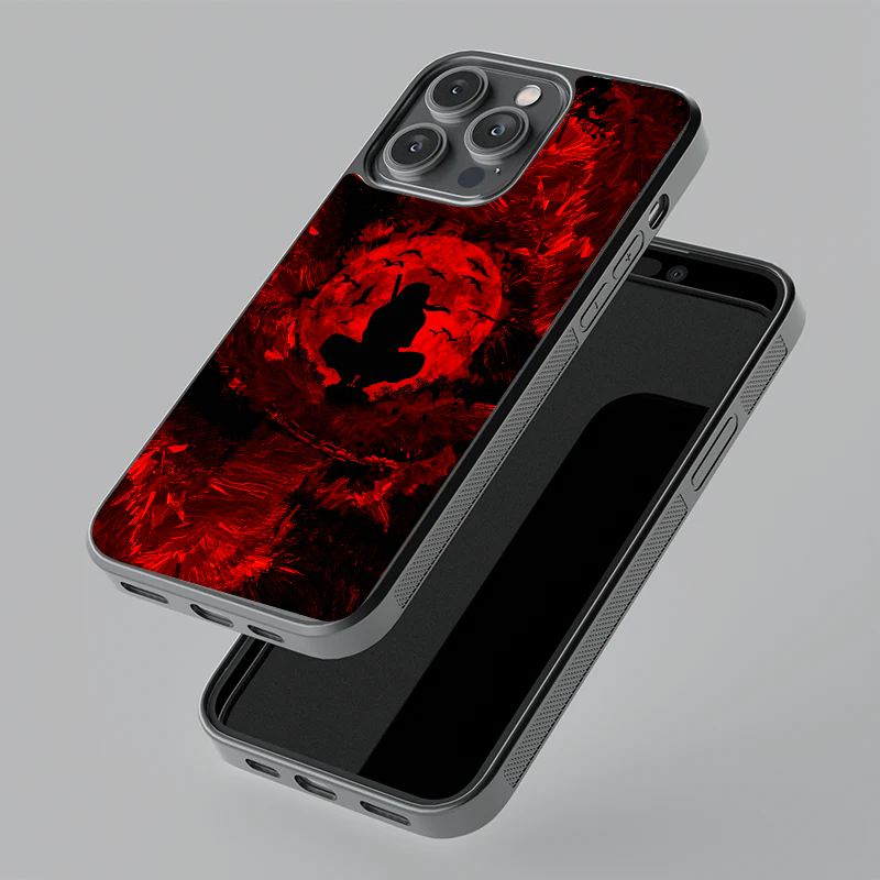 Itachi Red Moon glass phone case, floating angle view