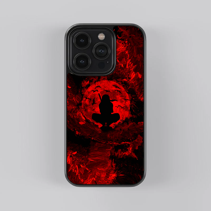 Itachi Red Moon glass phone case, straight rear view