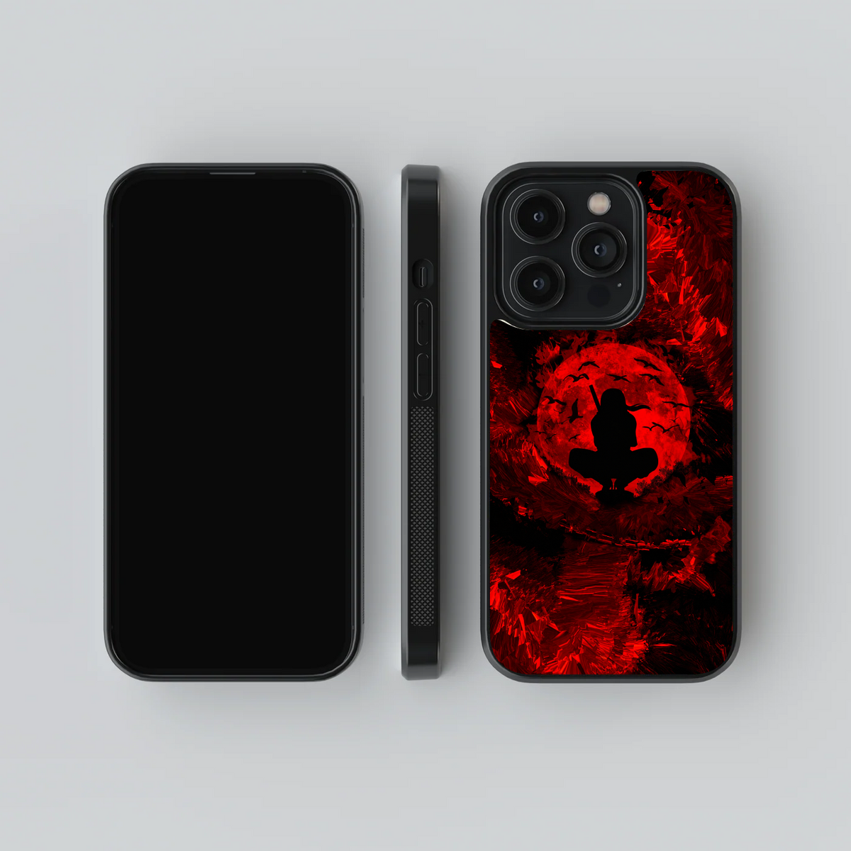 Itachi Red Moon glass phone case, front, side and rear views