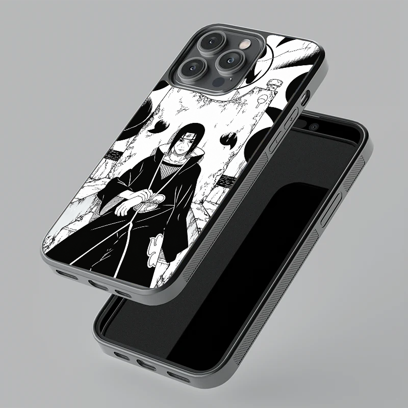 Itachi On the Throne glass phone case, floating angle view