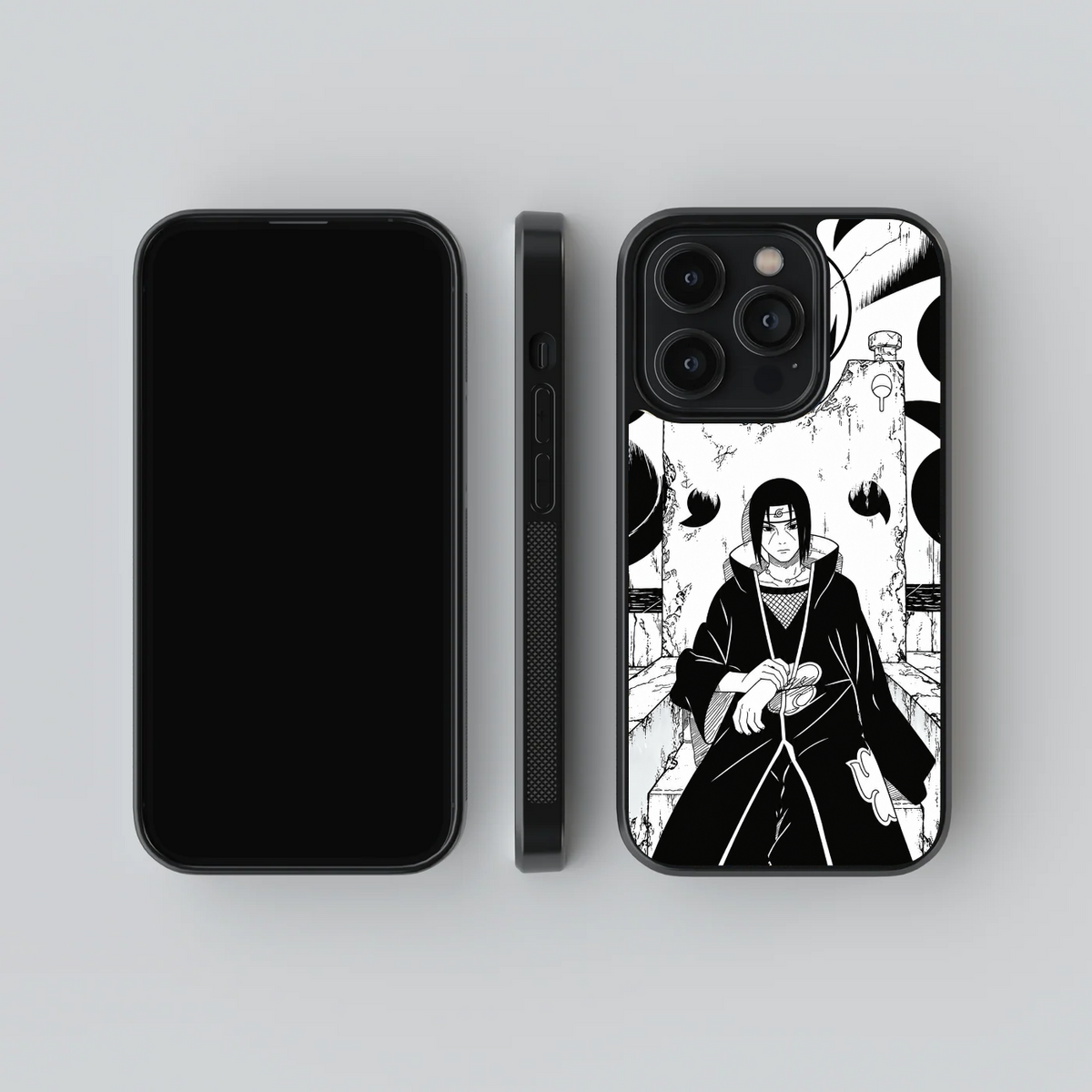 Itachi On the Throne glass phone case, front, side and rear views