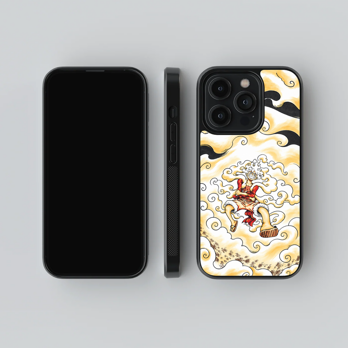 Luffy Gear 5 glass phone case, front, side and rear views