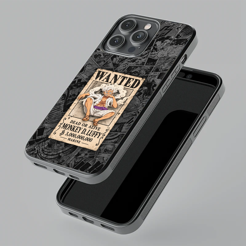Luffy Wanted Poster glass phone case, floating angle view
