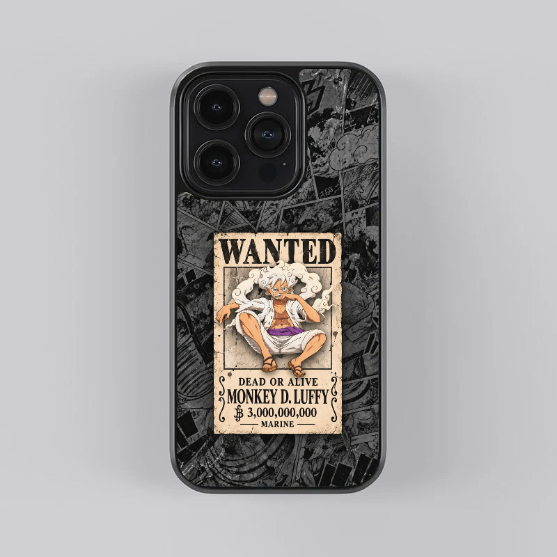 Luffy Wanted Poster glass phone case, straight rear view