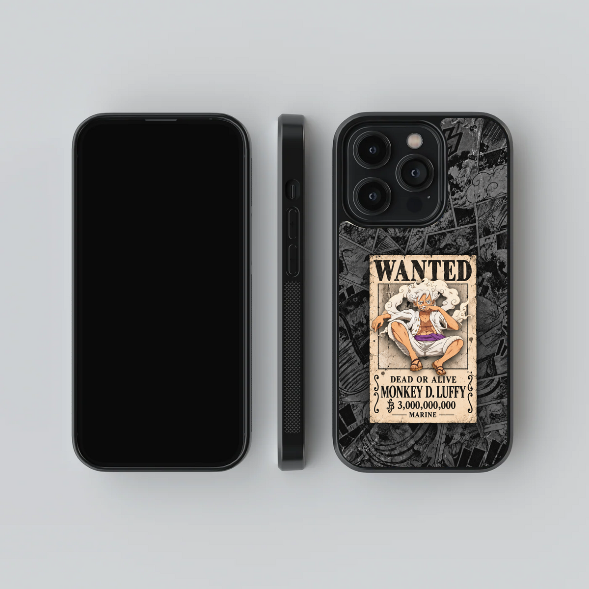 Luffy Wanted Poster glass phone case, front, side and rear views