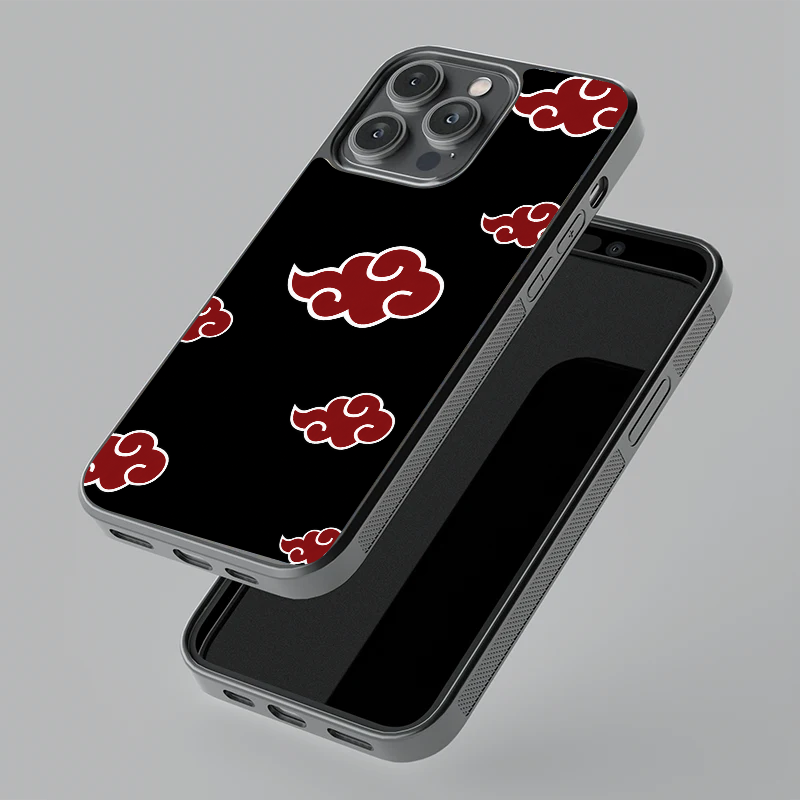 Akatsuki Cloud Pattern glass phone case, floating angle view