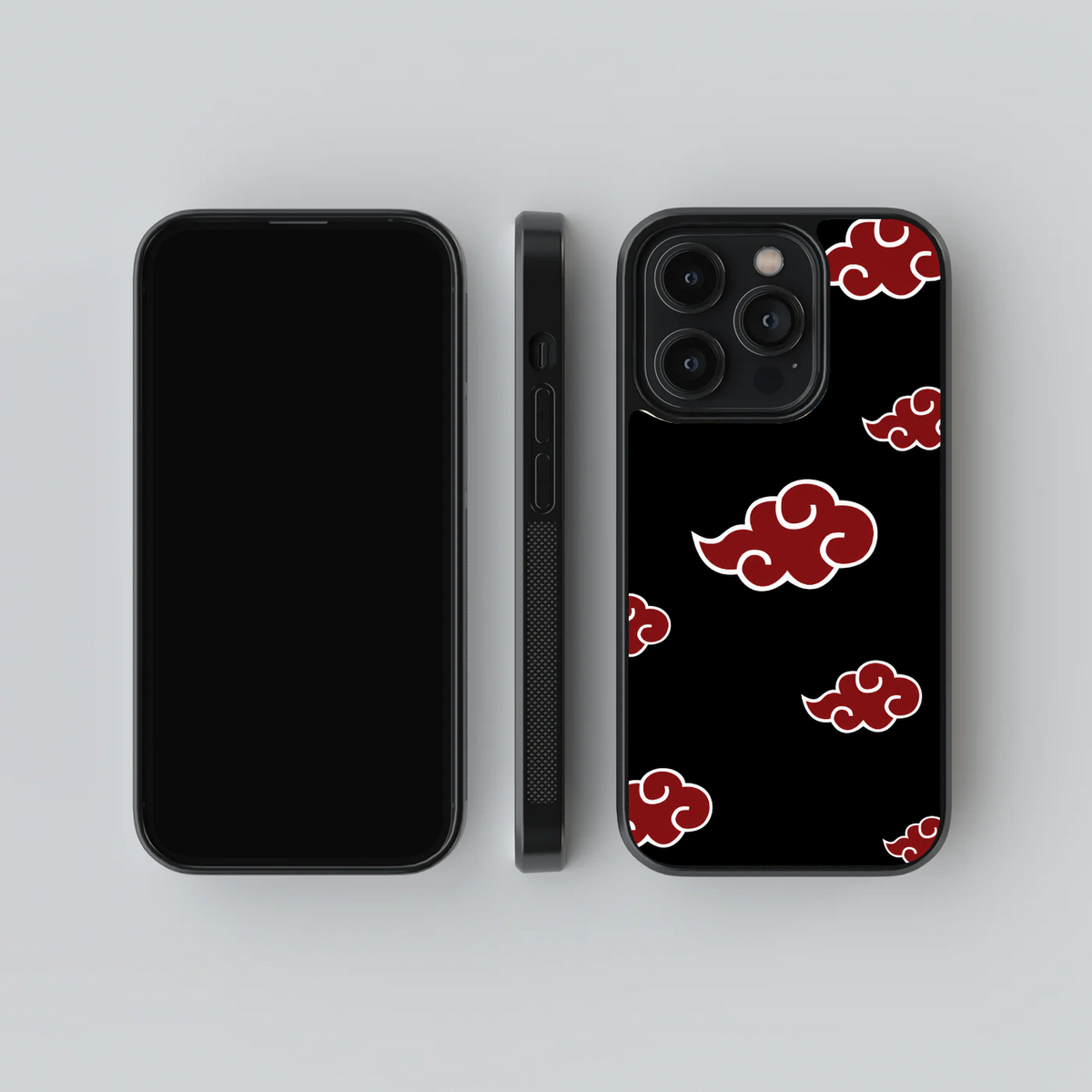 Akatsuki Cloud Pattern glass phone case, front, side and rear views