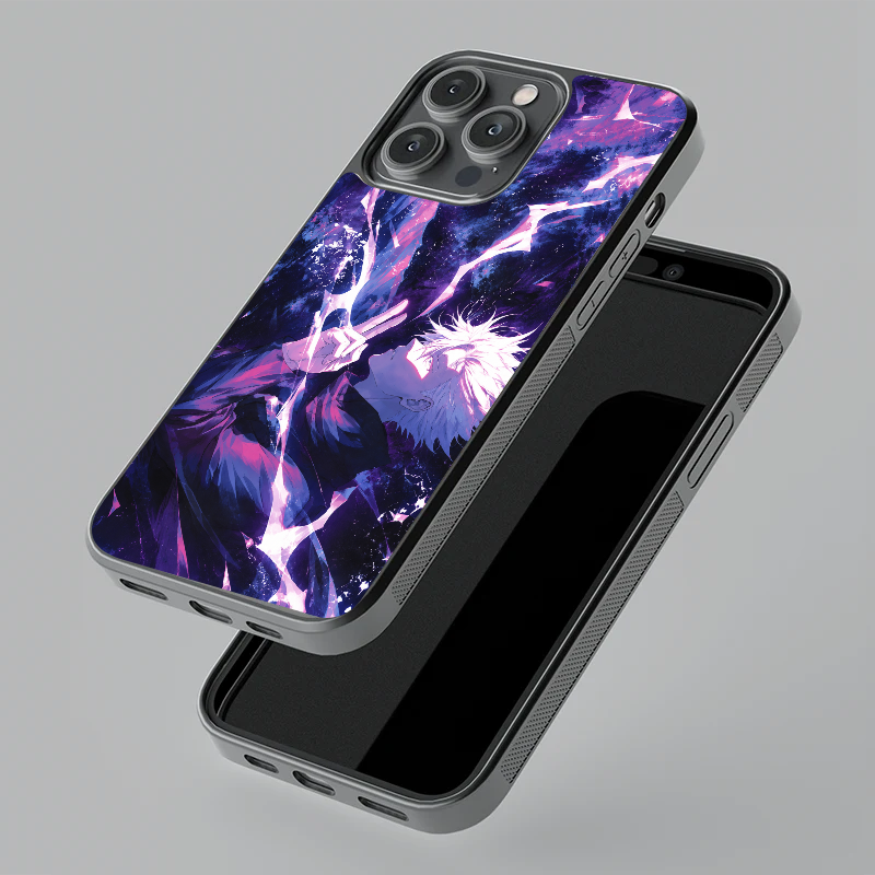 Gojo Infinity Void glass phone case, floating angle view