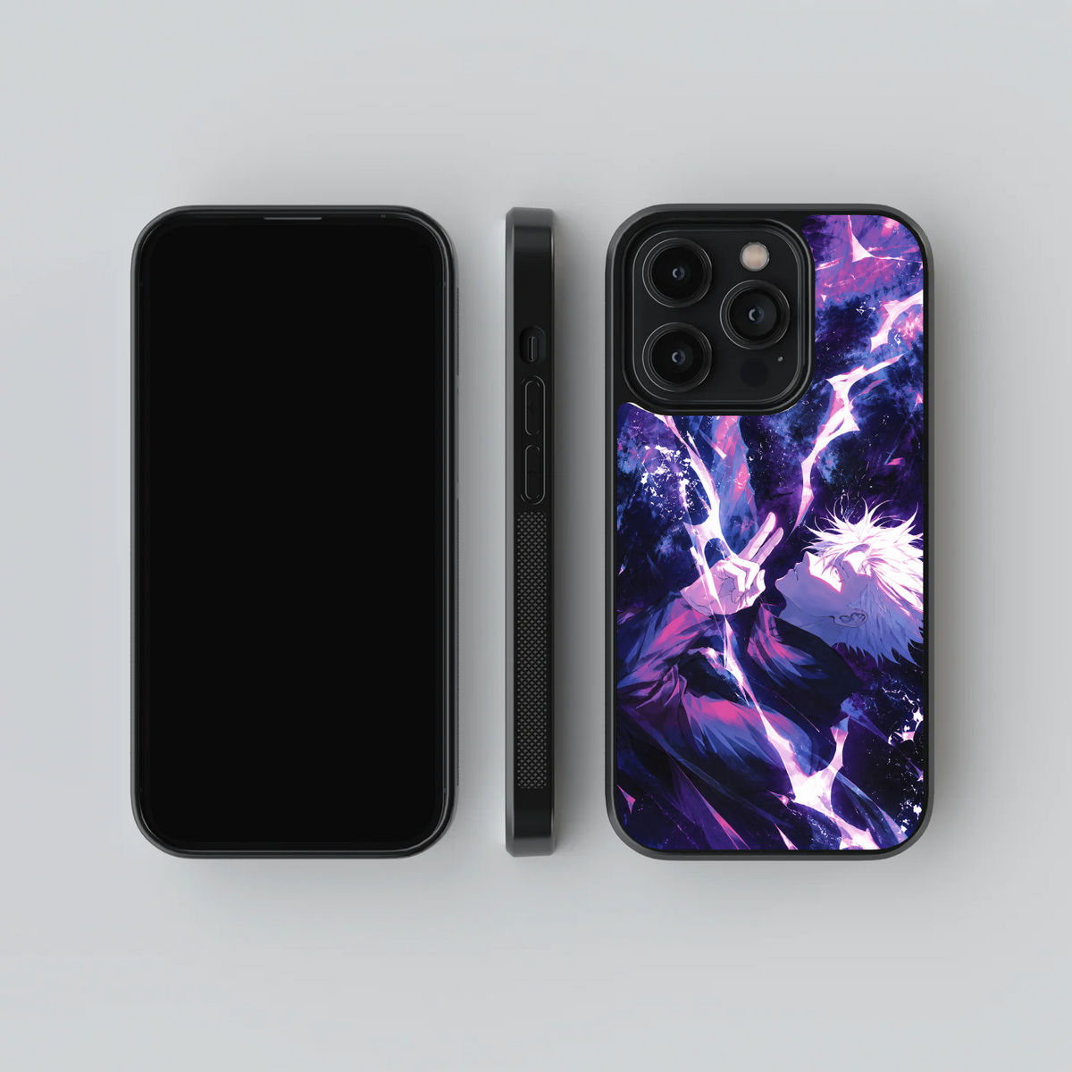 Gojo Infinity Void glass phone case, front, side and rear views