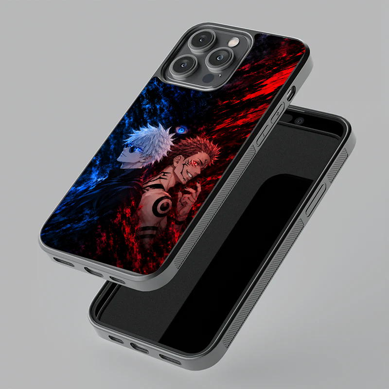 Sukuna vs Gojo glass phone case, floating angle view