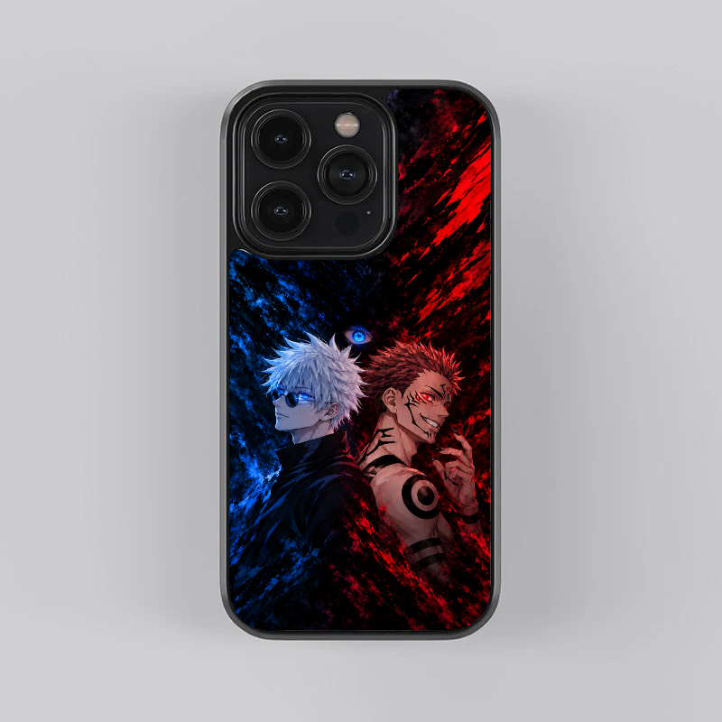 Sukuna vs Gojo glass phone case, straight rear view