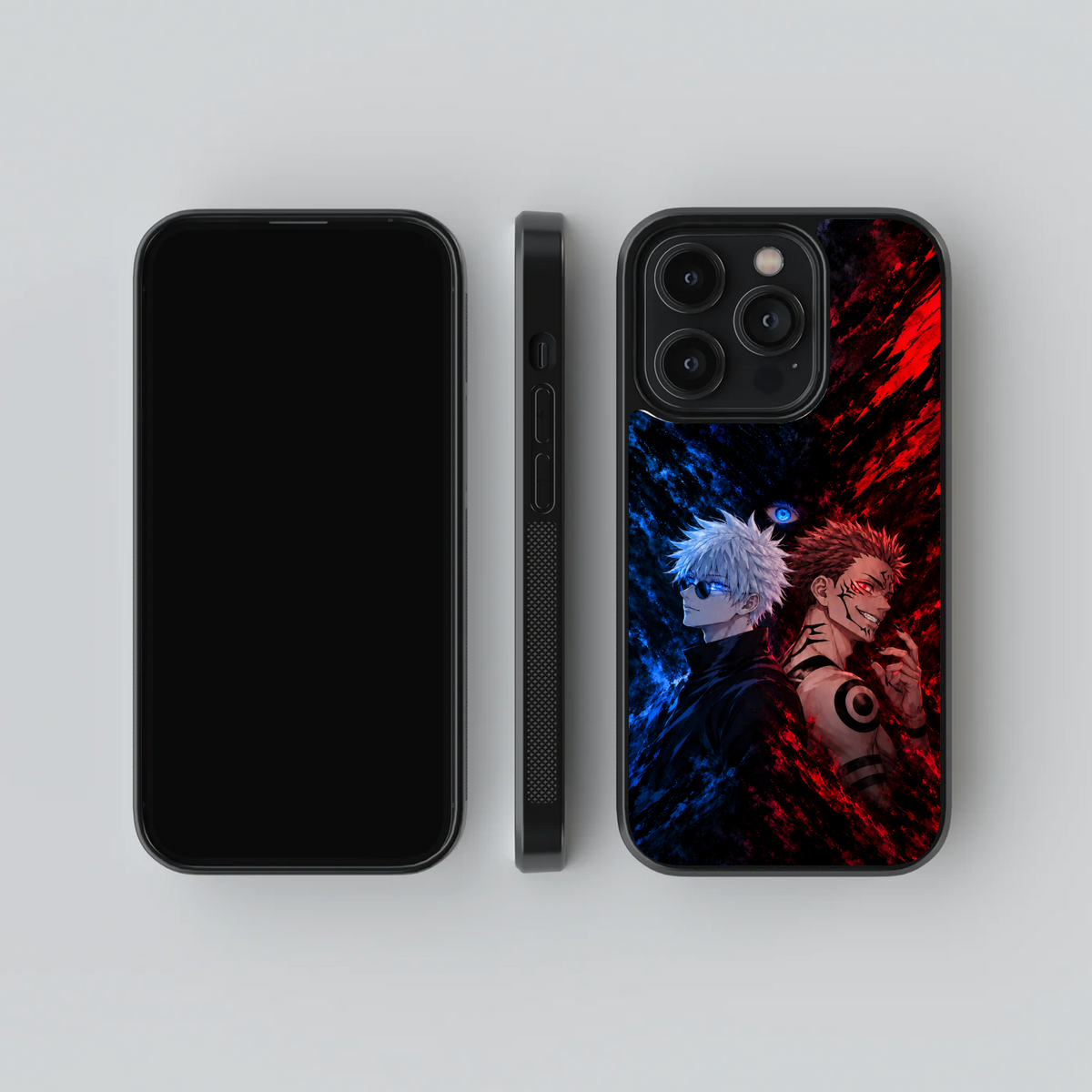 Sukuna vs Gojo glass phone case, front, side and rear views