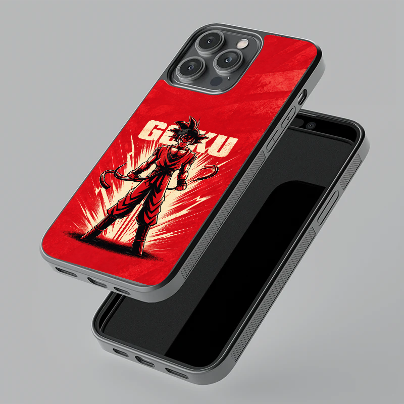 Goku Warrior Red glass phone case, floating angle view