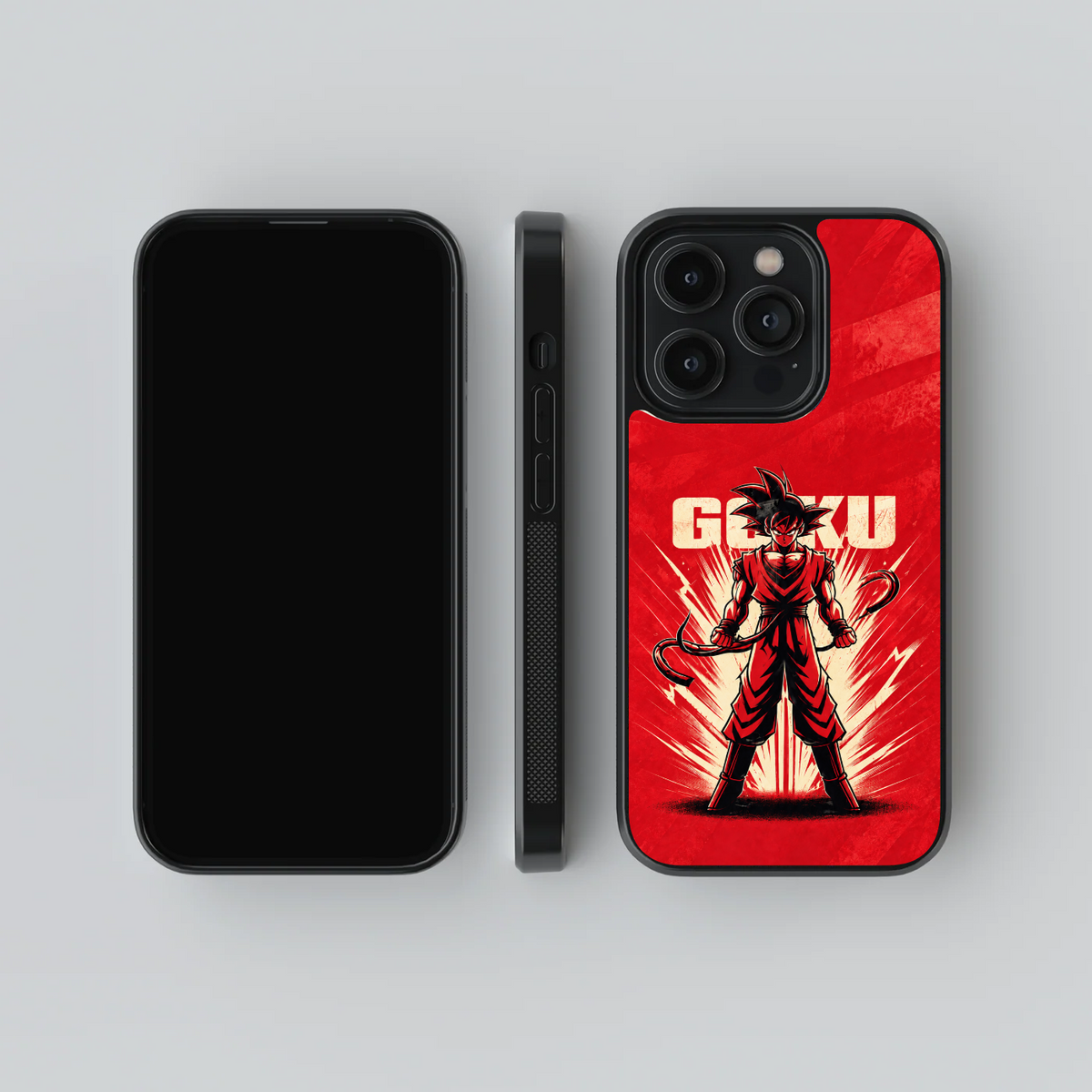 Goku Warrior Red glass phone case, front, side and rear views