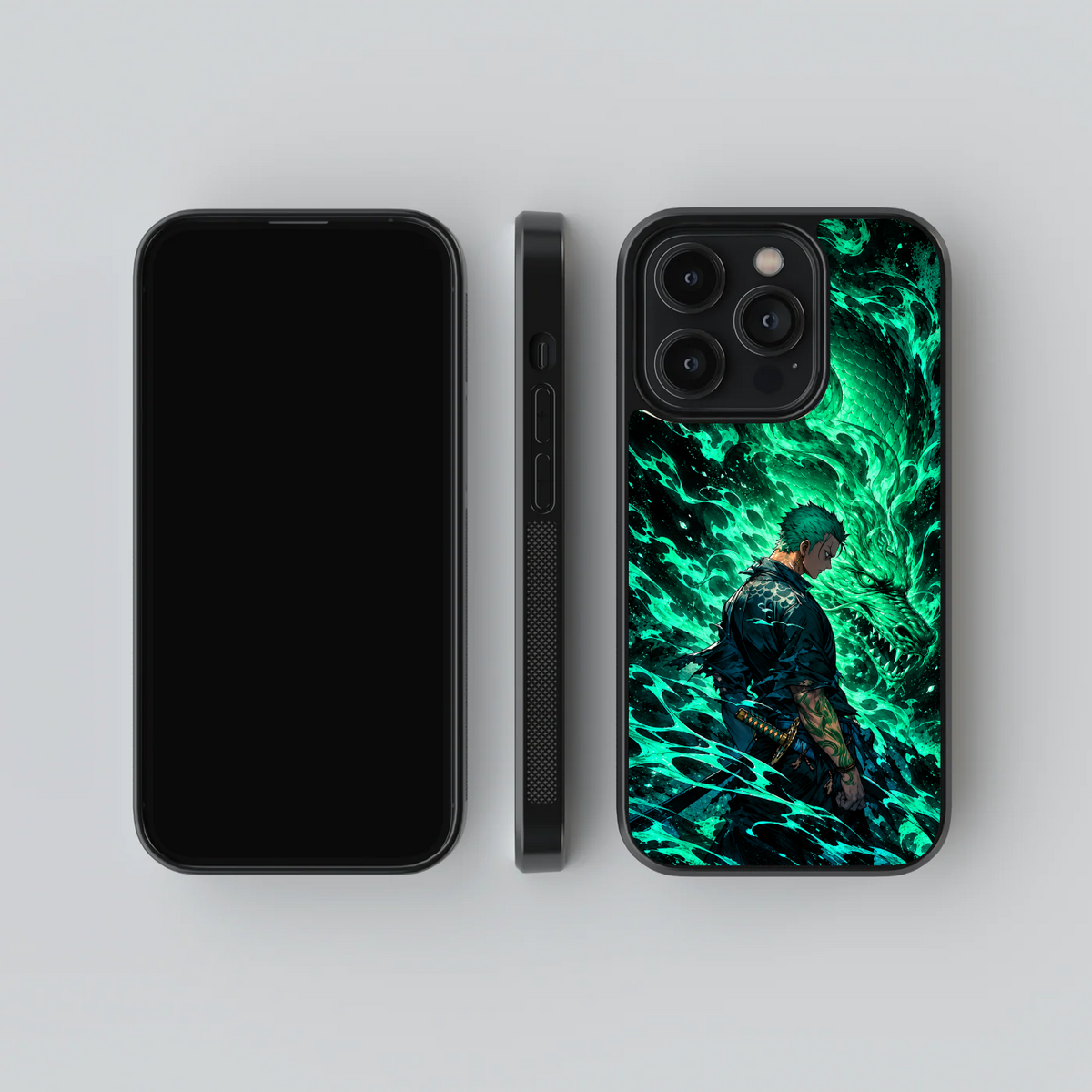 Zoro glass phone case, front, side and rear views