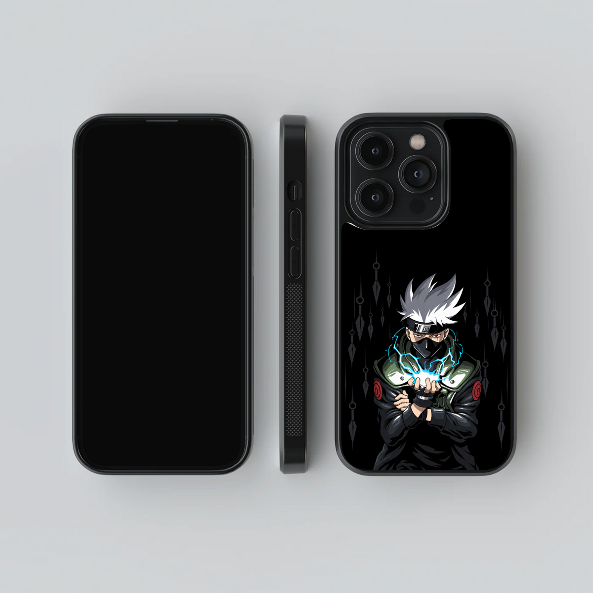 Kakashi Chidori glass phone case, front, side and rear views