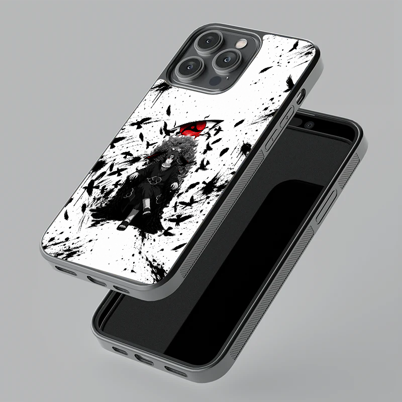Itachi Shadow Throne glass phone case, floating angle view
