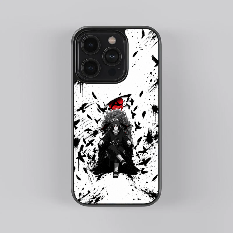 Itachi Shadow Throne glass phone case, straight rear view