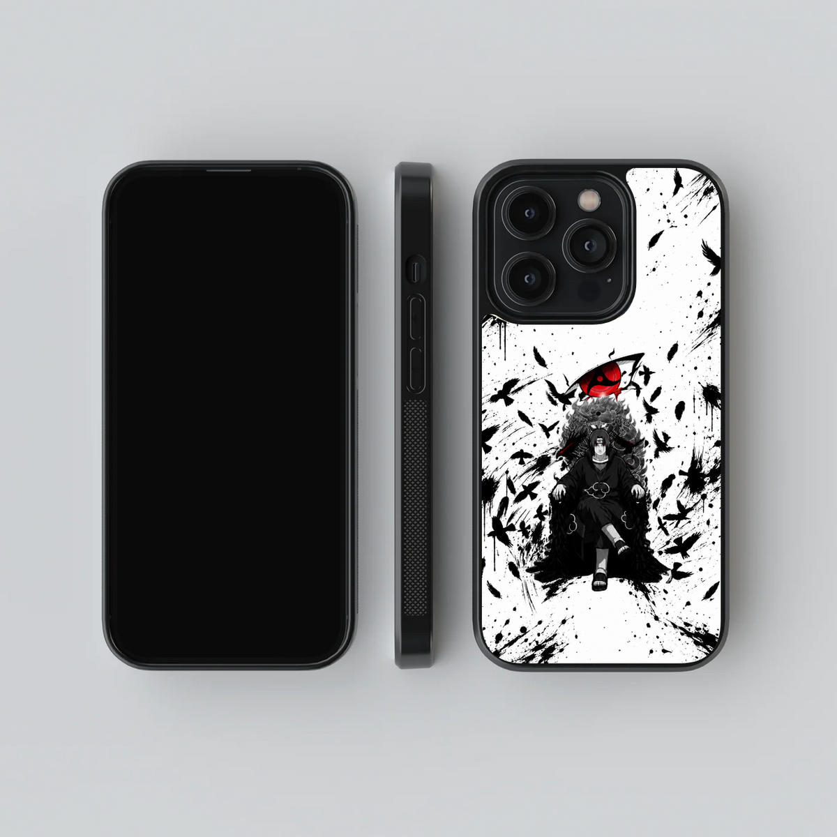 Itachi Shadow Throne glass phone case, front, side and rear views
