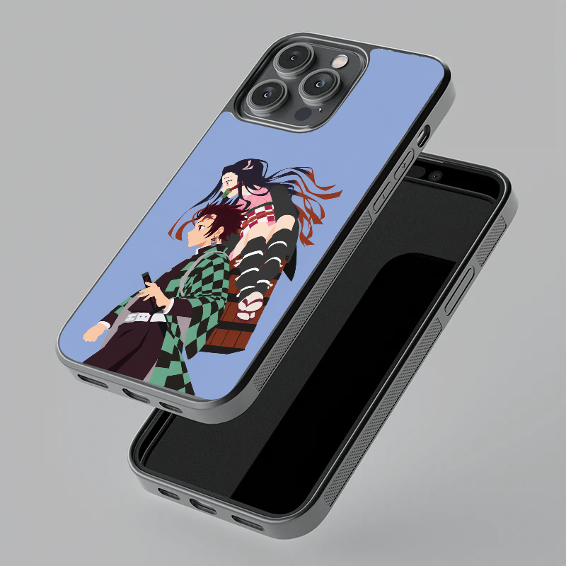 Tanjiro & Nezuko glass phone case, floating angle view