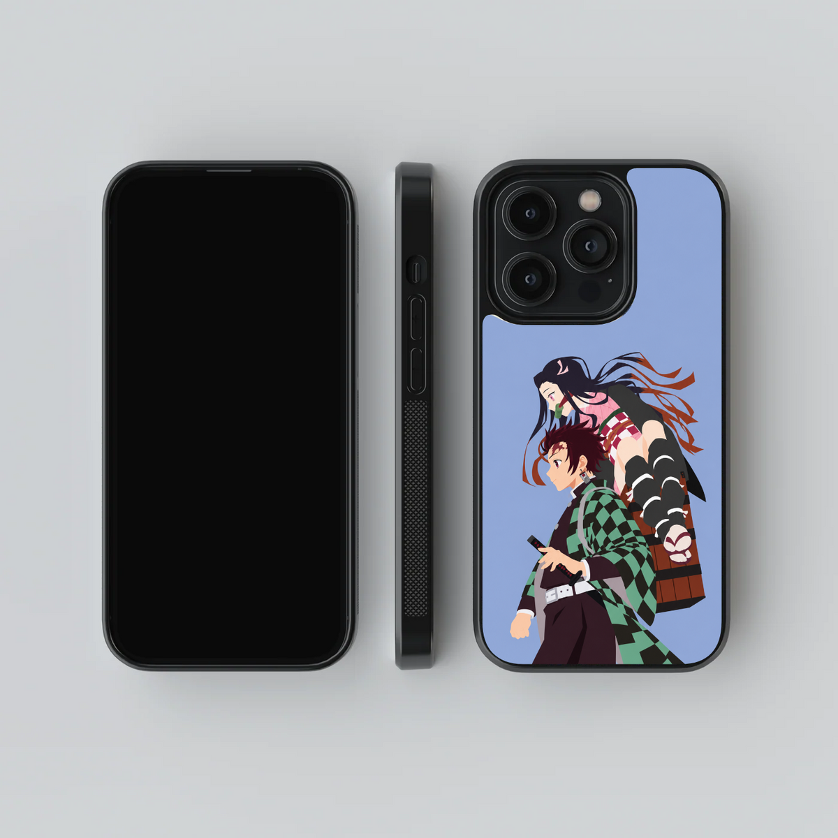 Tanjiro & Nezuko glass phone case, front, side and rear views