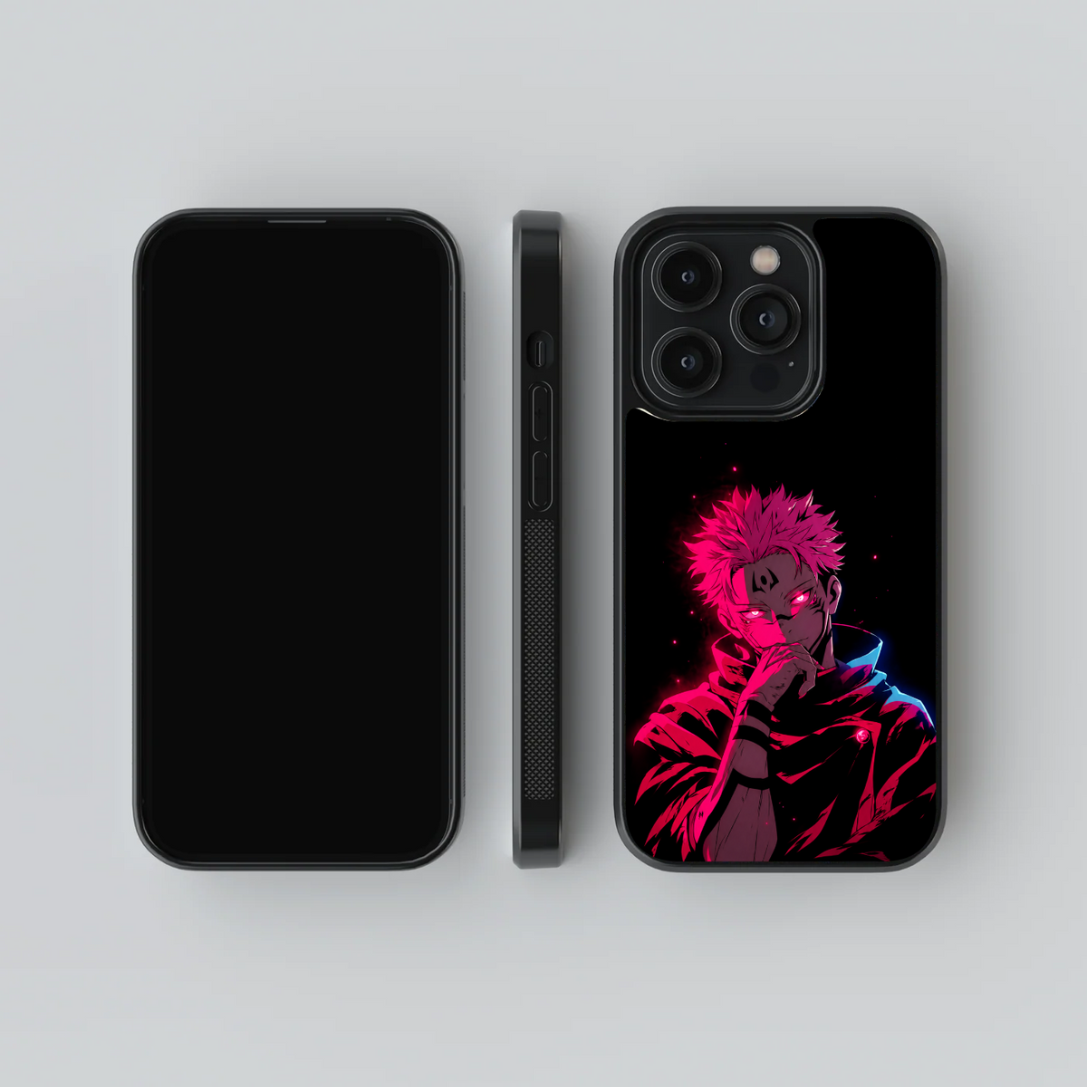 Sukuna Demon King Aura glass phone case, front, side and rear views