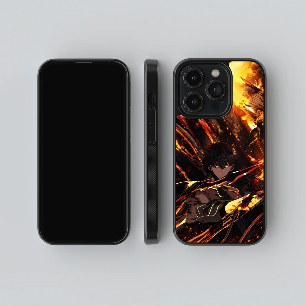 Sung Jin Woo glass phone case, front, side and rear views