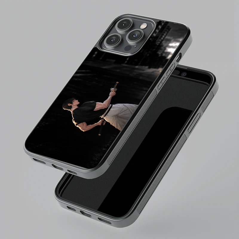 Toji Fushiguro glass phone case, floating angle view