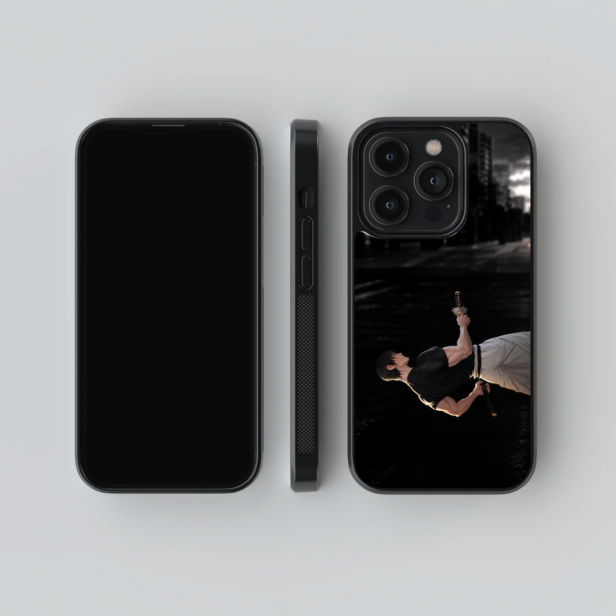 Toji Fushiguro glass phone case, front, side and rear views