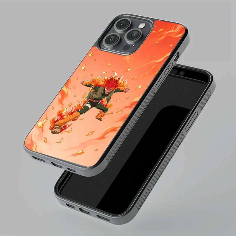 Might Guy Eight Gates glass phone case, floating angle view