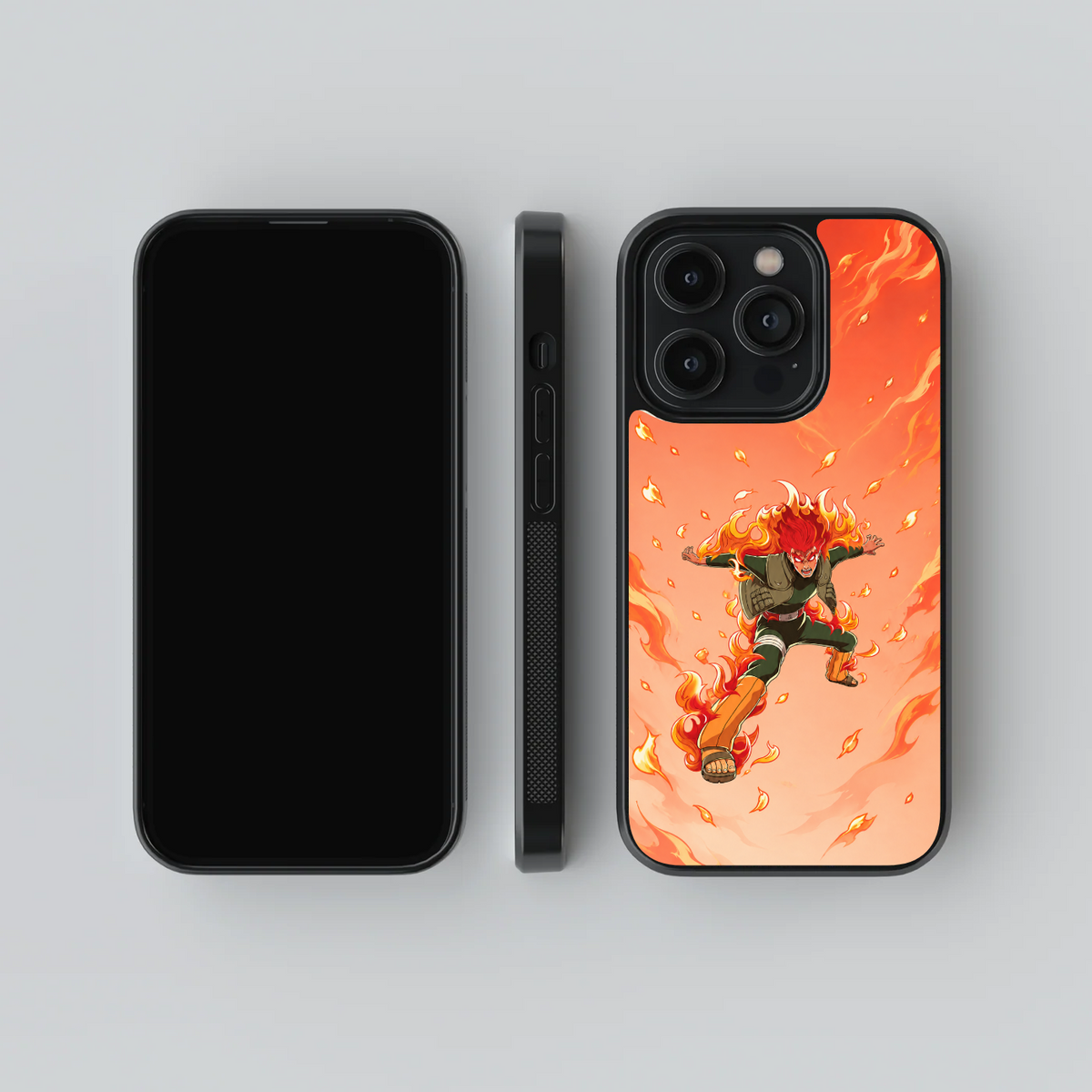 Might Guy Eight Gates glass phone case, front, side and rear views