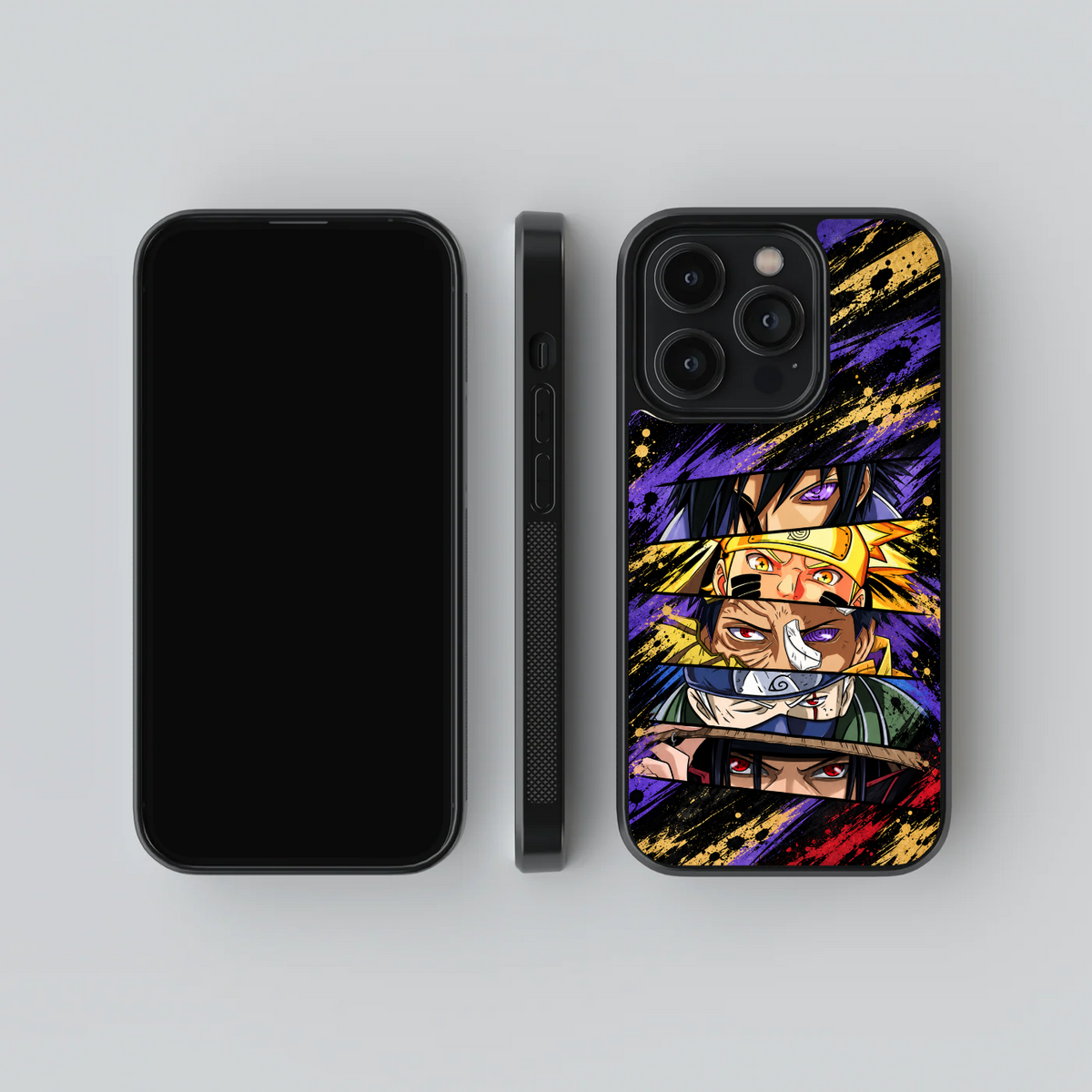 Naruto Character Panels glass phone case, front, side and rear views