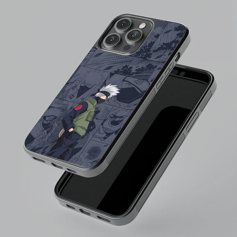 Kakashi Manga glass phone case, floating angle view