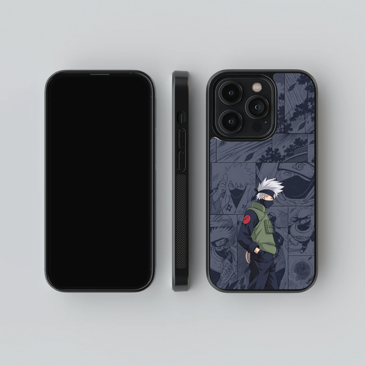 Kakashi Manga glass phone case, front, side and rear views