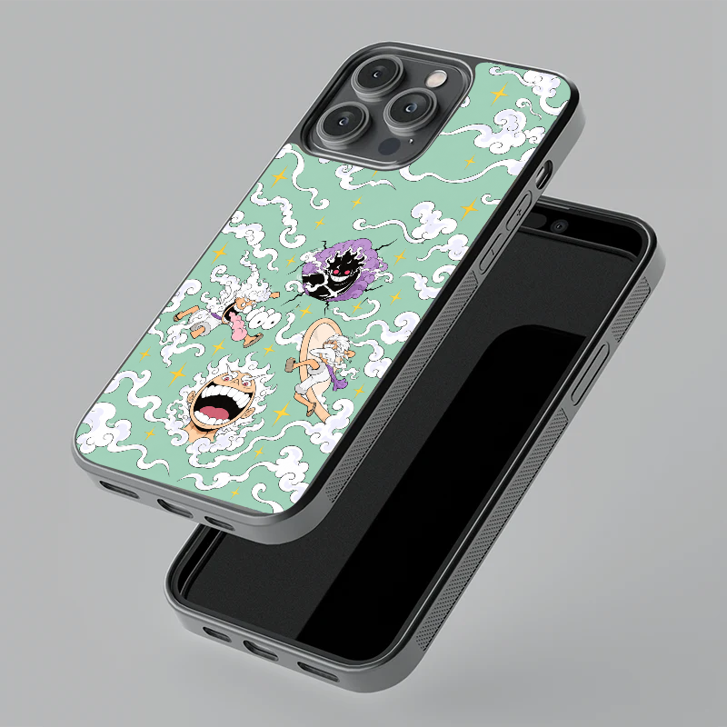 Luffy Gear Five Vibing glass phone case, floating angle view