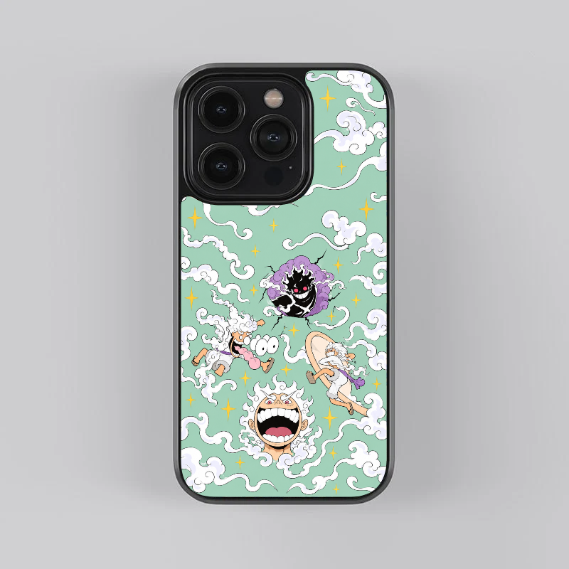 Luffy Gear Five Vibing glass phone case, straight rear view