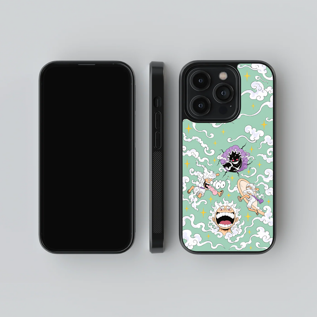 Luffy Gear Five Vibing glass phone case, front, side and rear views