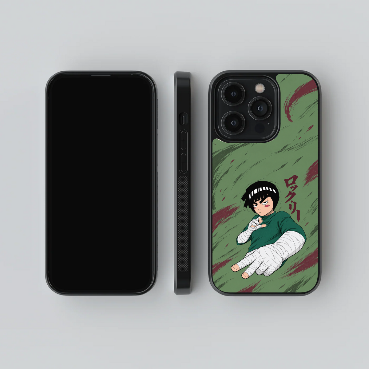 Rock Lee glass phone case, front, side and rear views