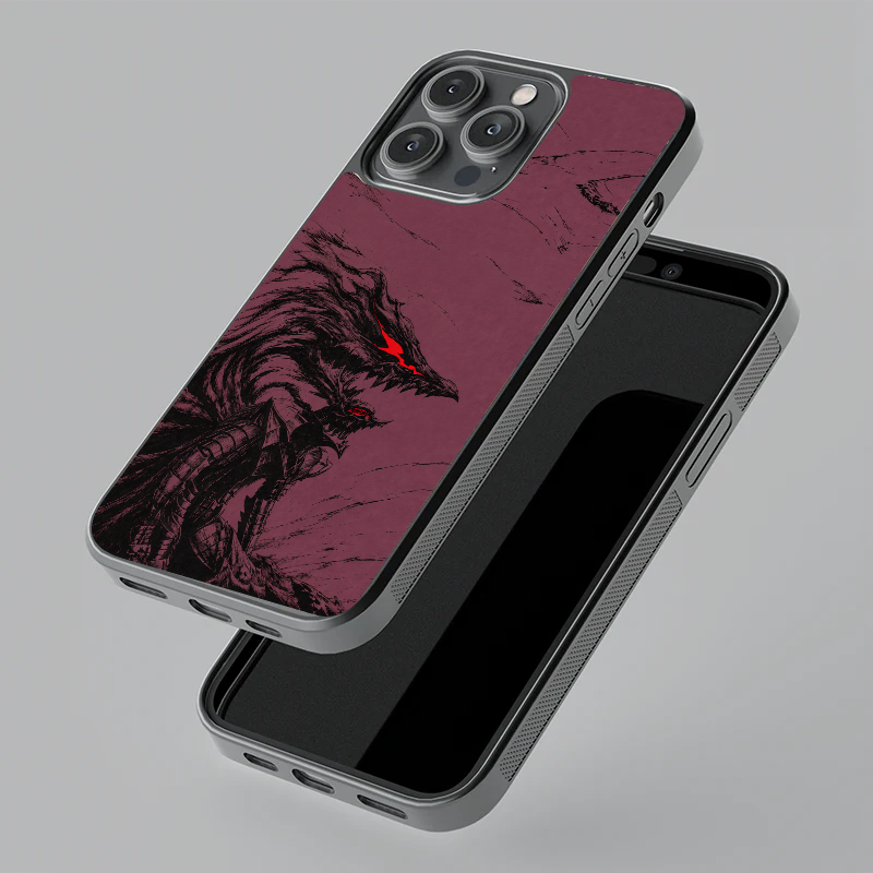 Guts Berserker Armor glass phone case, floating angle view