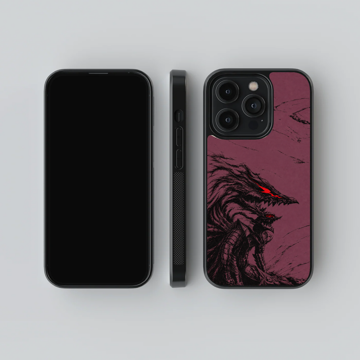 Guts Berserker Armor glass phone case, front, side and rear views