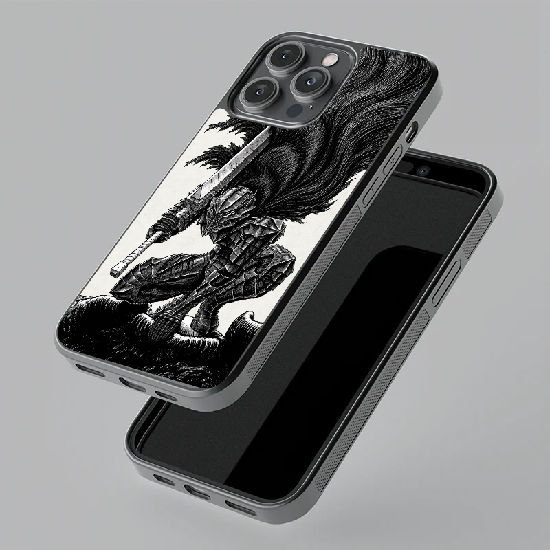 Berserk Guts glass phone case, floating angle view