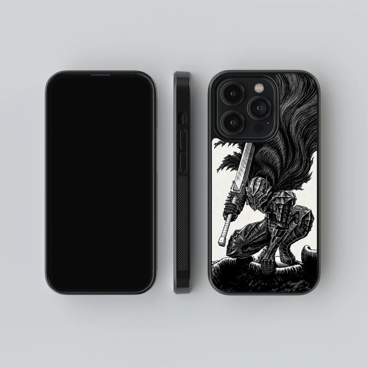 Berserk Guts glass phone case, front, side and rear views