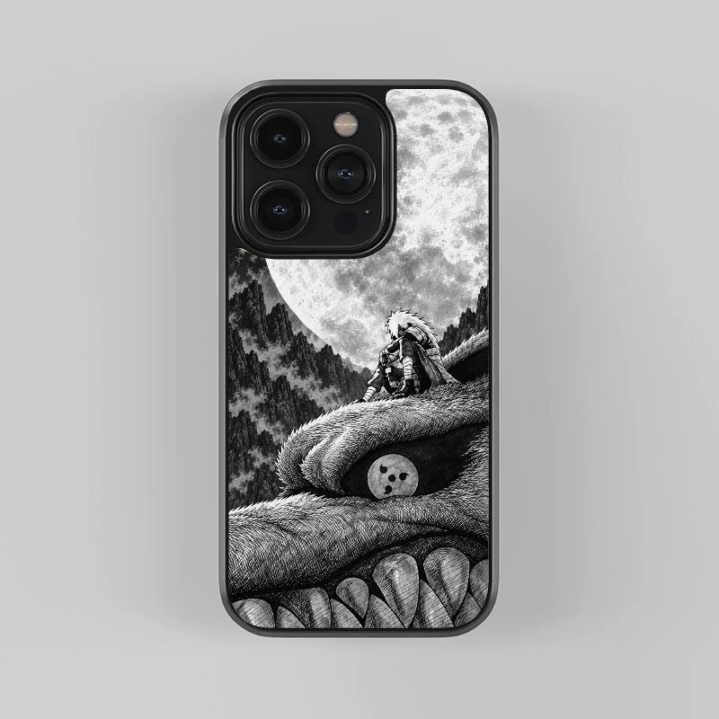 Madara × Kyuubi glass phone case, straight rear view