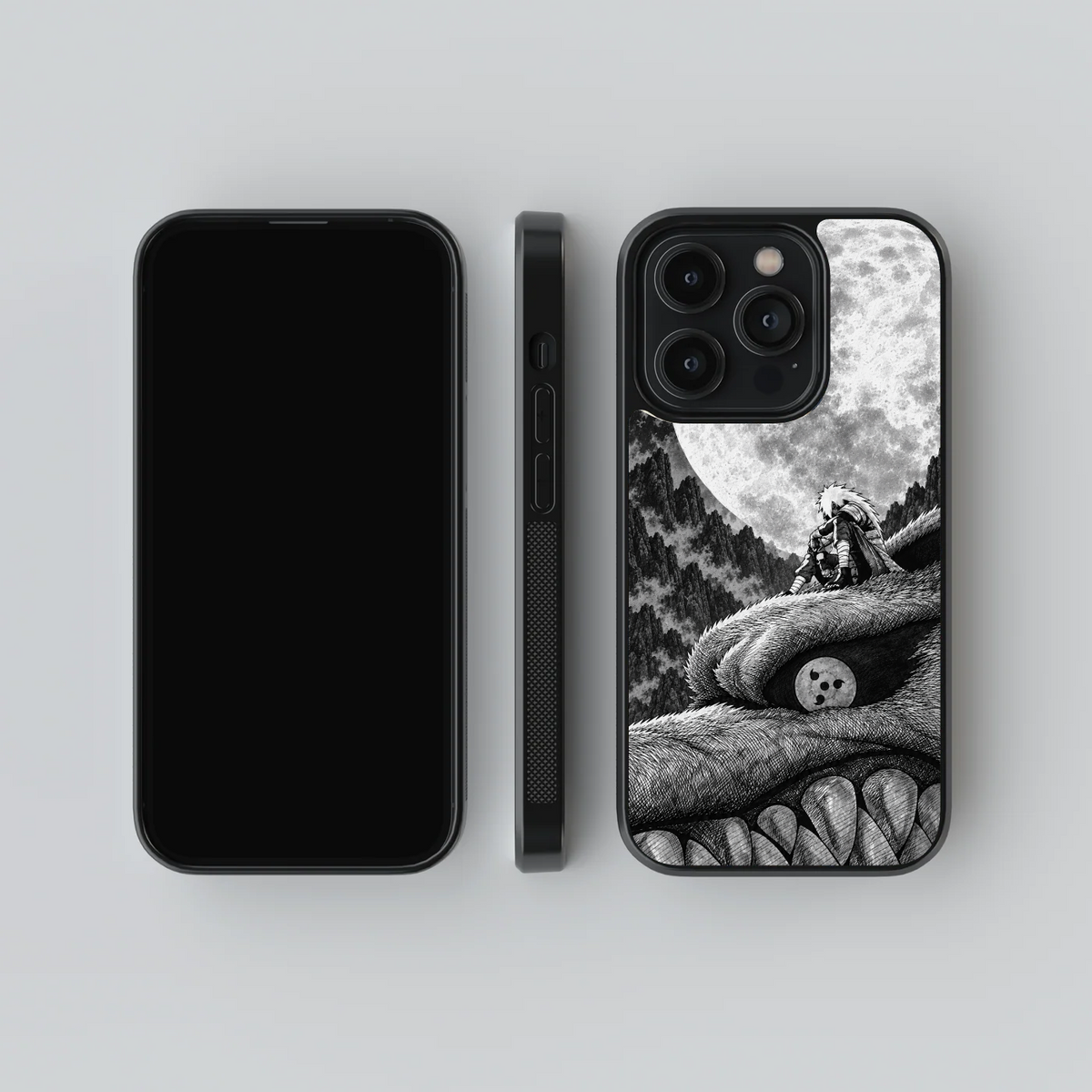 Madara × Kyuubi glass phone case, front, side and rear views