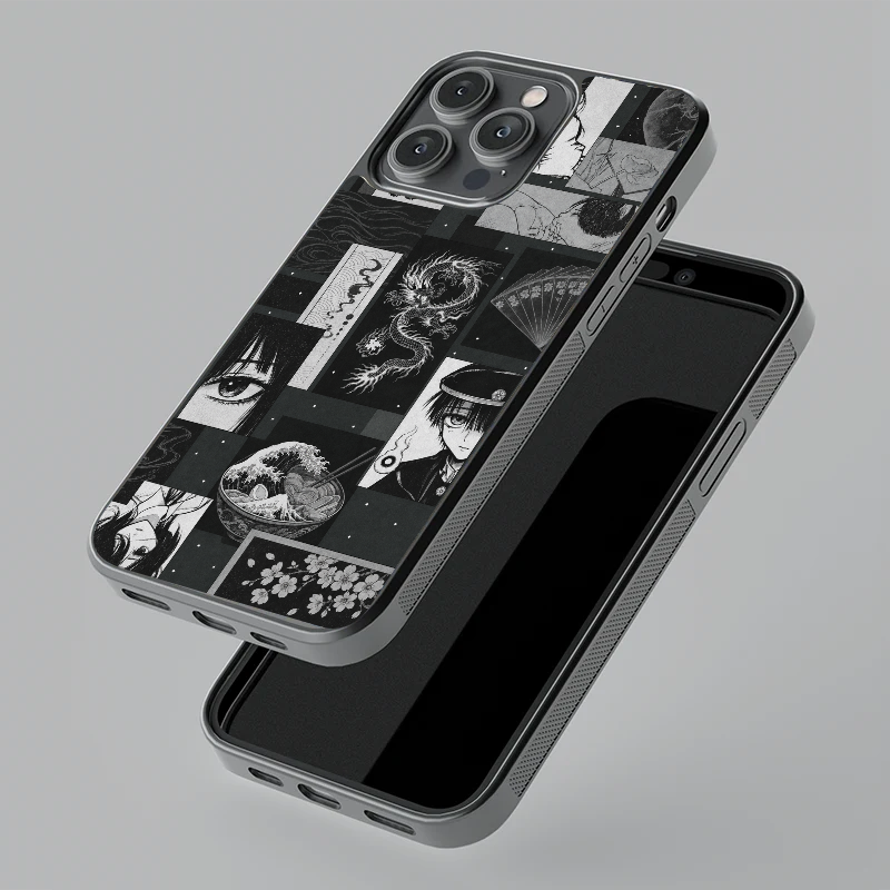 Dark Anime Aesthetic glass phone case, floating angle view