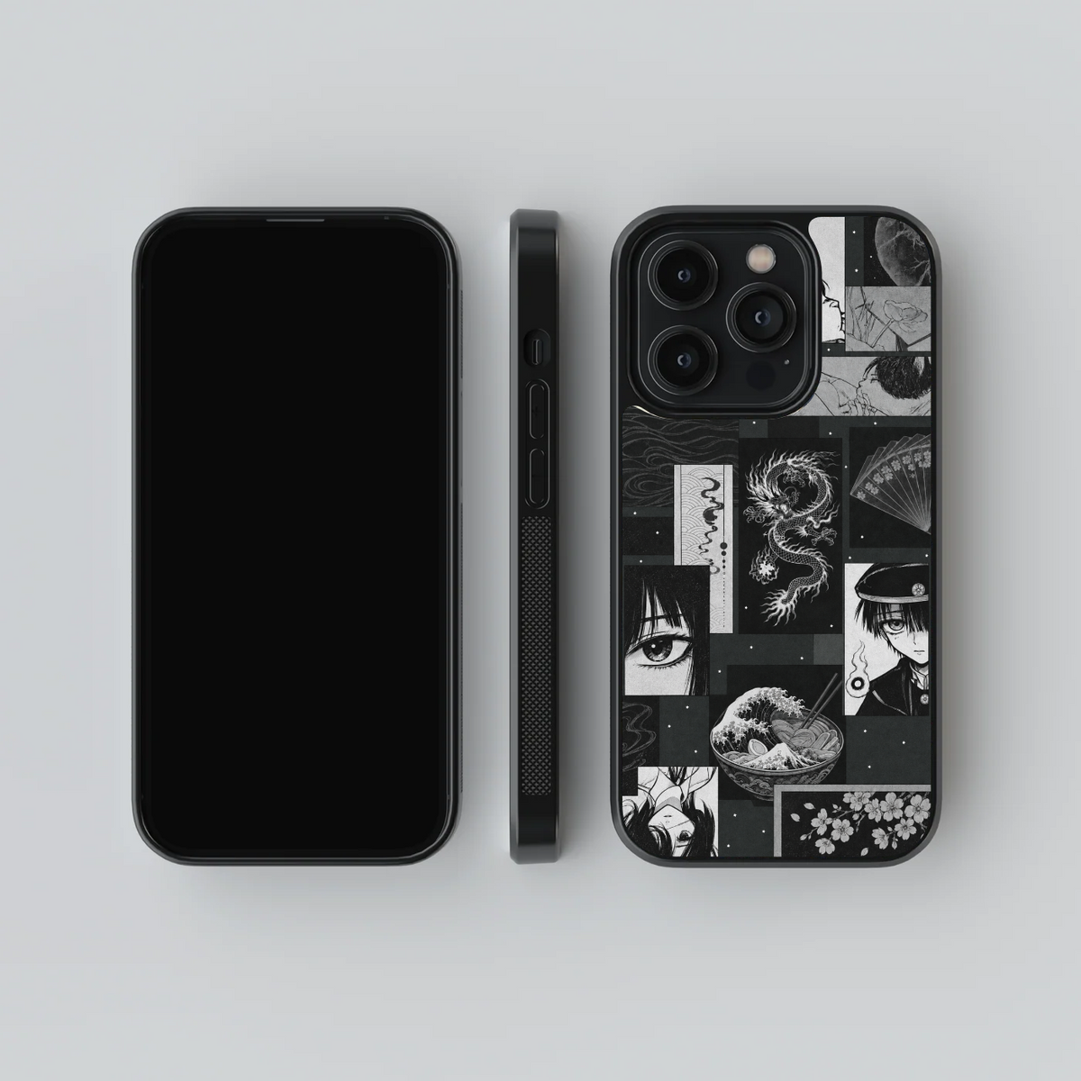 Dark Anime Aesthetic glass phone case, front, side and rear views