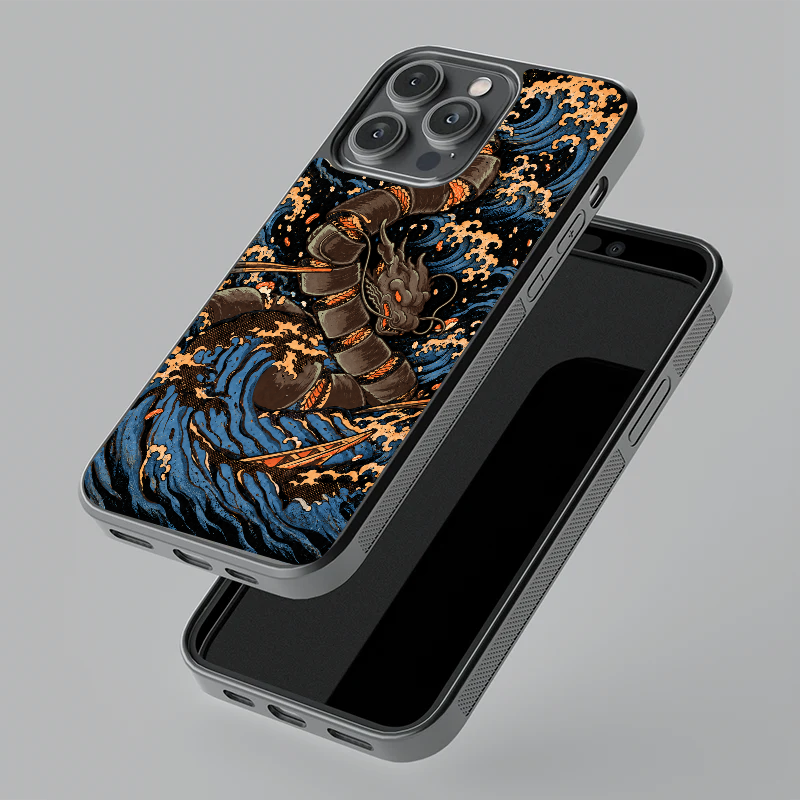 The Great Sushi Dragon glass phone case, floating angle view