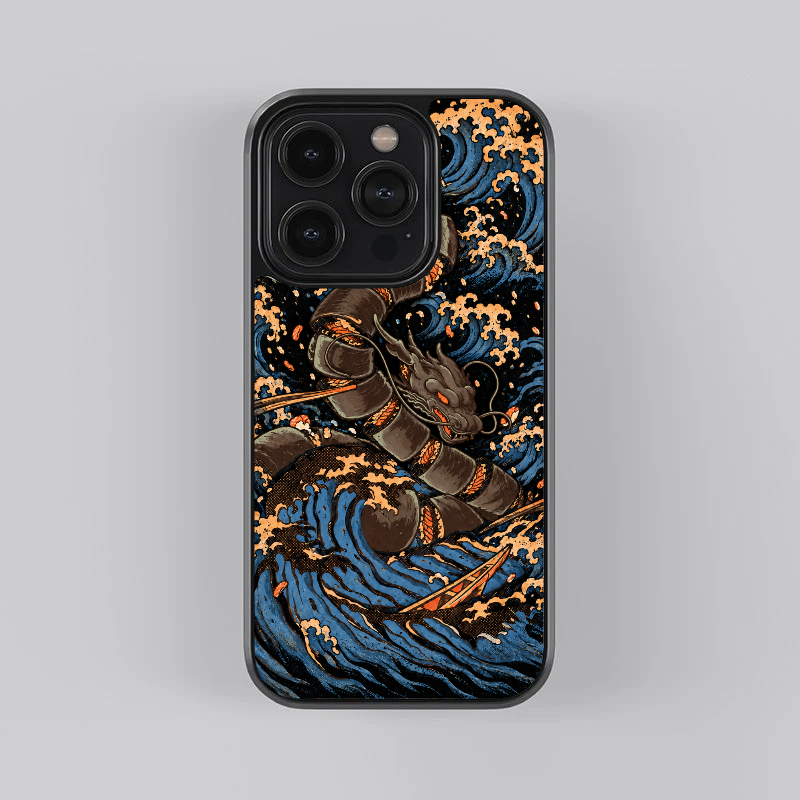 The Great Sushi Dragon glass phone case, straight rear view