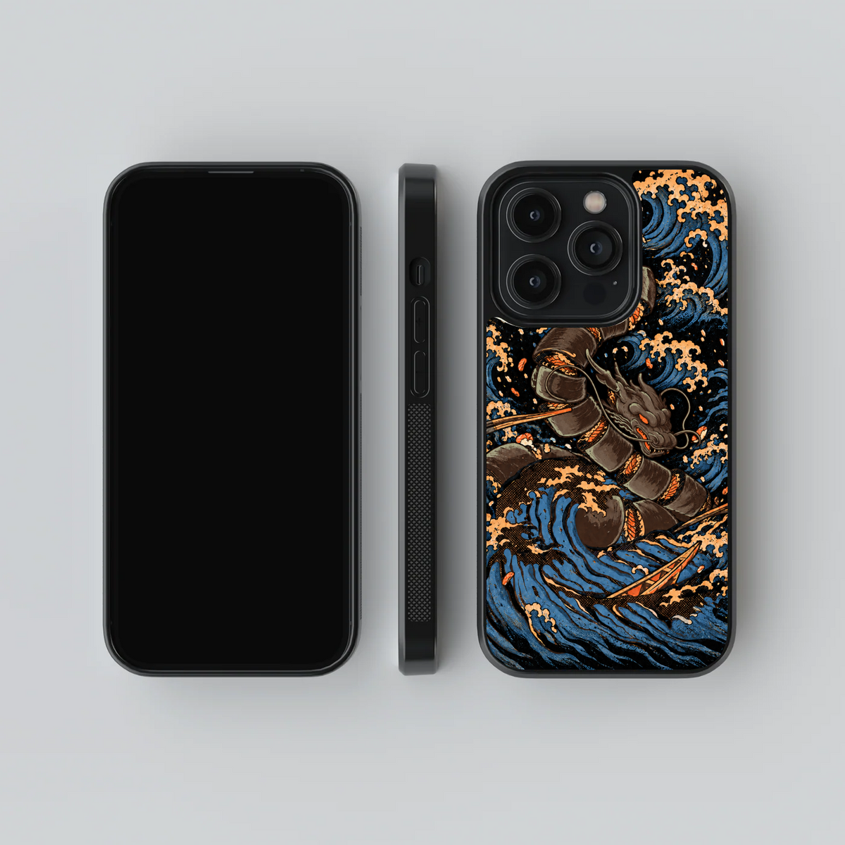 The Great Sushi Dragon glass phone case, front, side and rear views